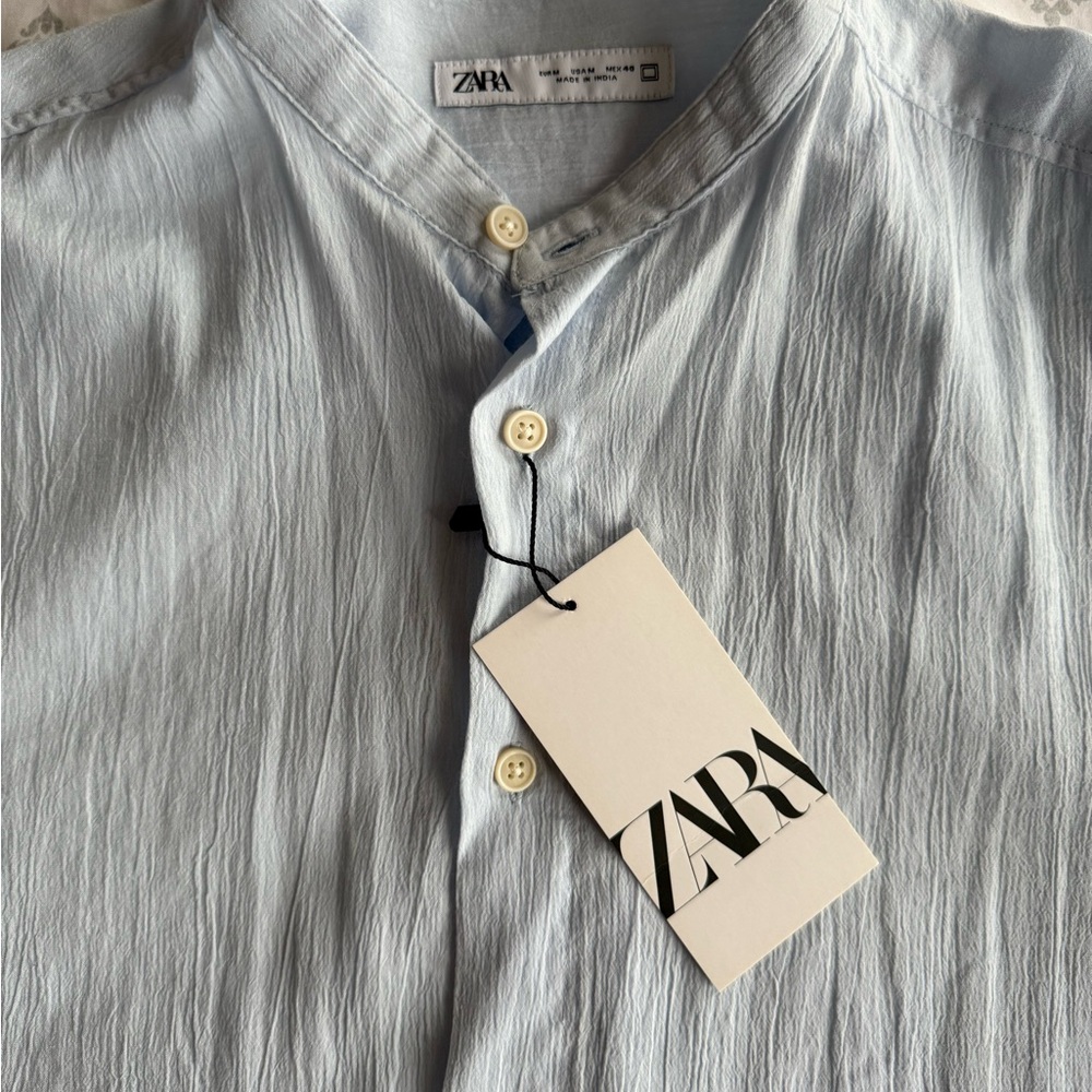 Zara Blue Casual Button Down collarless Shirt with Textured Fabric (BRAND NEW)